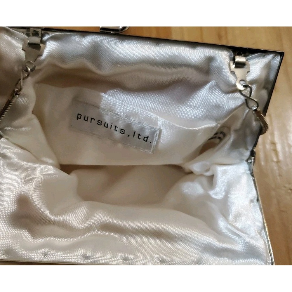 Silver Beaded Evening Clutch Purse Bag Crossbody Kiss Lock Retro Art Deco Style - Picture 7 of 8